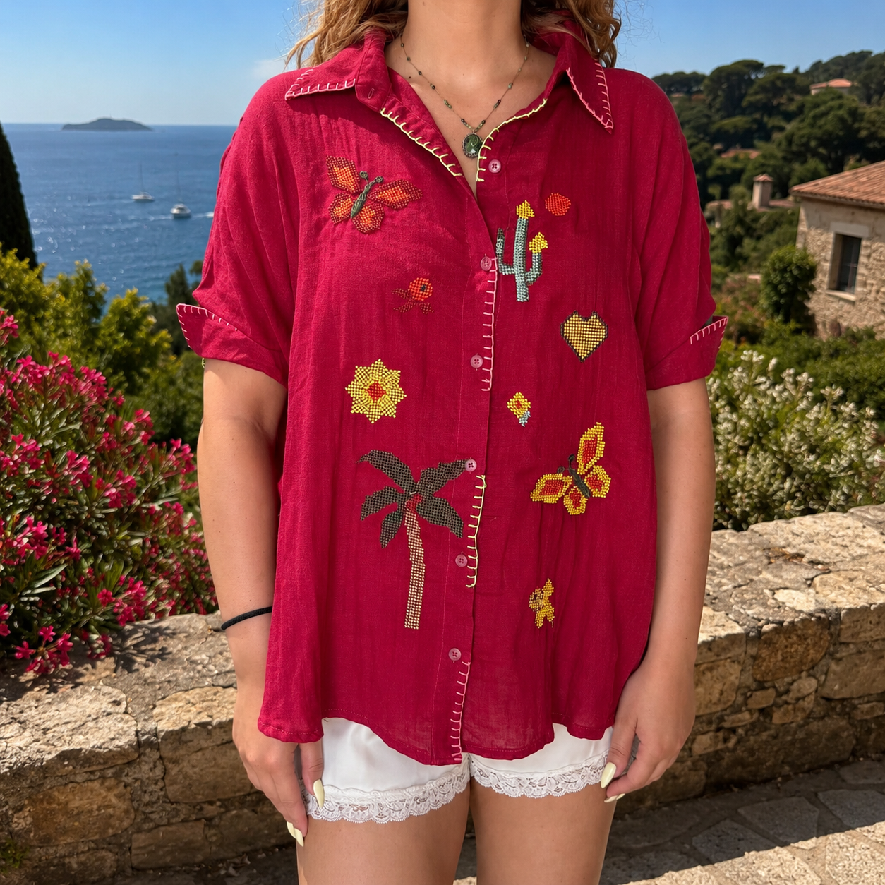 Chemise brodée bordeaux