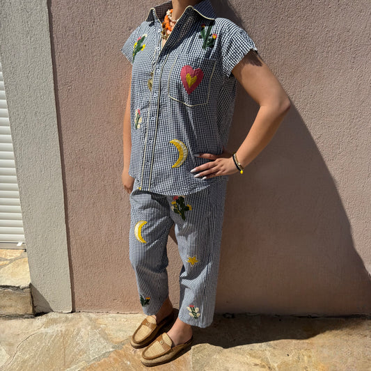 Pantalon vichy brodé