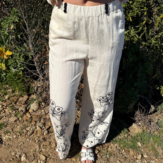 Pantalon lin brodé